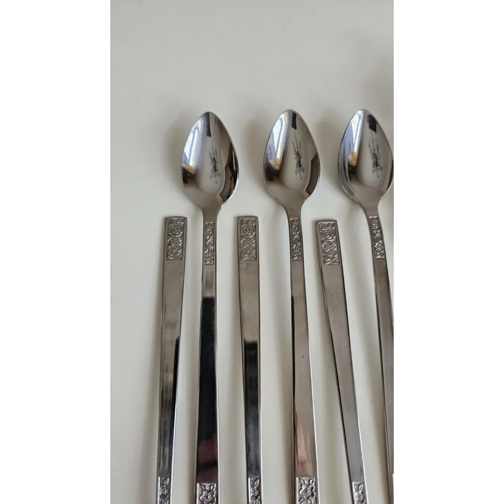 Customcraft Set of 6 Iced Tea Spoons & Pie Server Stainless Flatware Floral